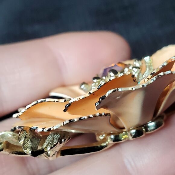 VTG Signed CORO Trembler Brooch AB Rhinestones Gold Tone Enamel Peach Poppy 3" - Picture 5 of 16
